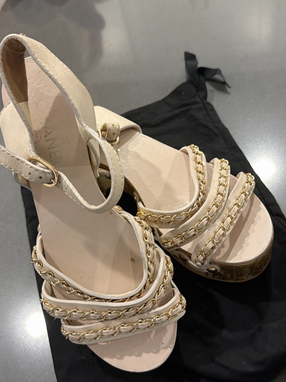 CHANEL Cream Platform Sandals with Gold Chain Trim